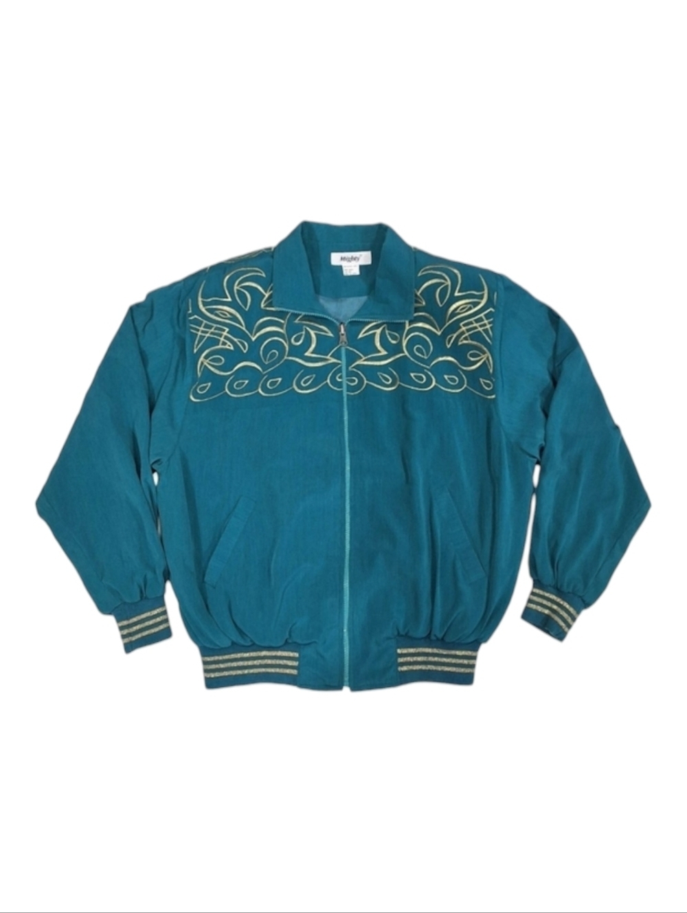 Mighty~VTG 80s Women's Bomber Jacket~Bold Teal Blue~Embroidered Gold~Eclectic - Picture 1 of 6